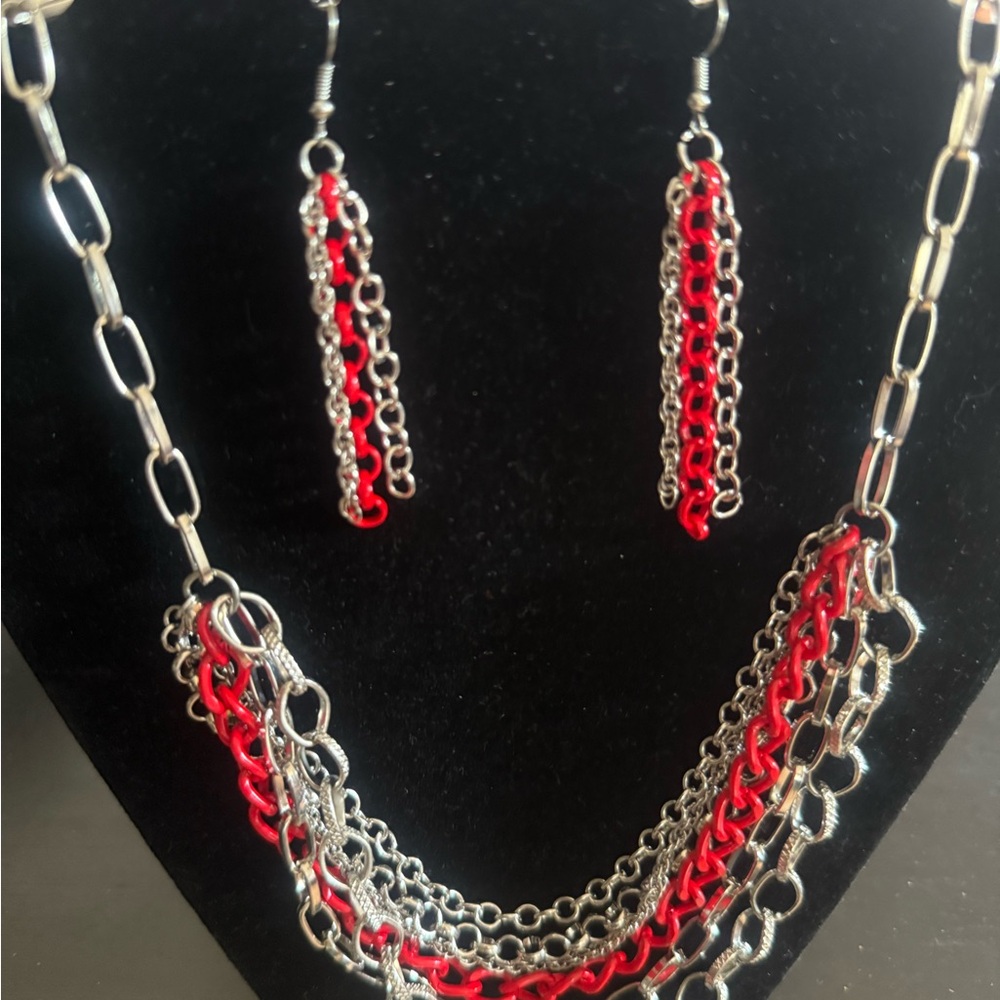 Paparazzi Silver and Red Chain Necklace Set